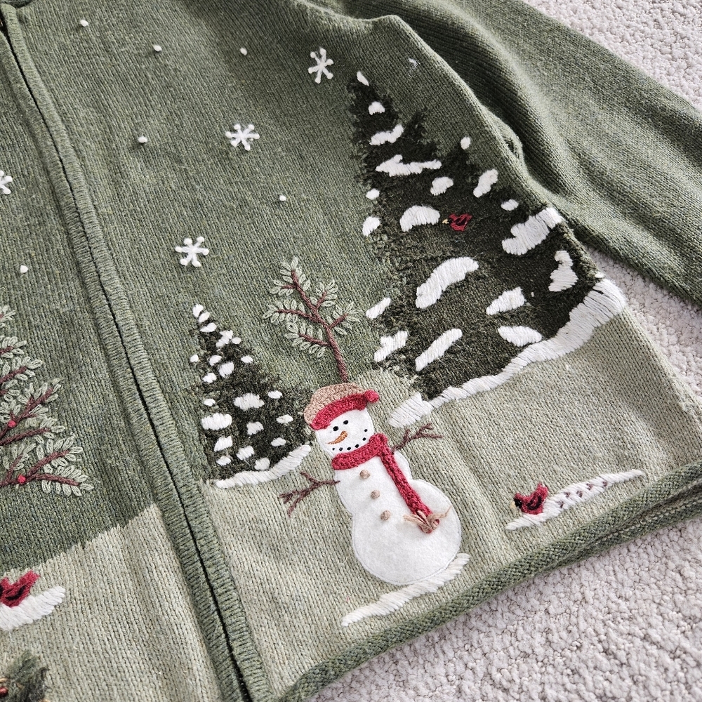 Christmas Holiday Cardigan Green Needlepoint Winter Festive Zip Womens L - Picture 6 of 9